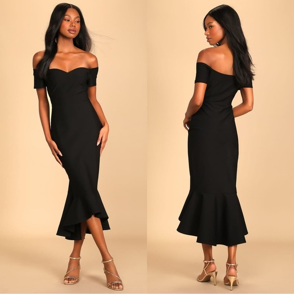 Lulu's Black Off-Shoulder Midi Dress - Picture 1 of 6